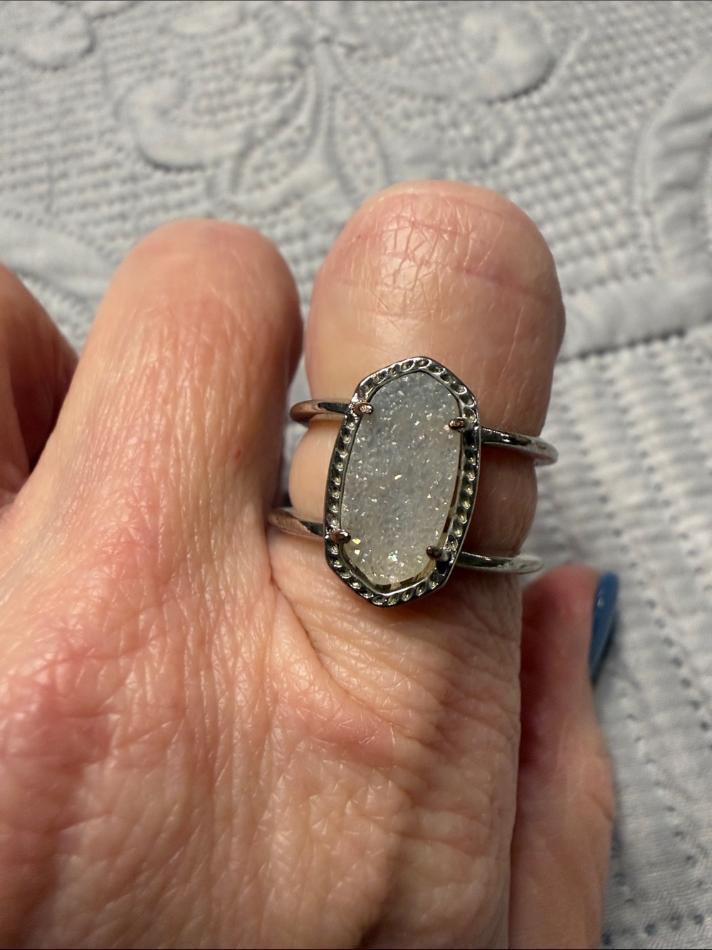 Kendra Scott Silver Oval White Druzy Double Shank Ring Size 7